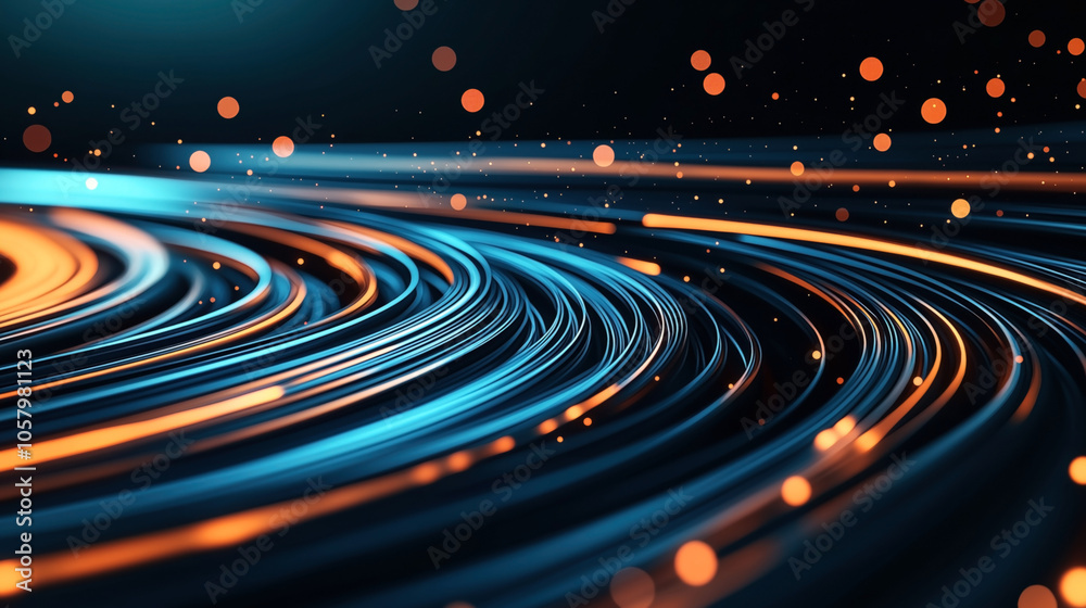 Fototapeta premium Abstract digital background featuring dynamic blue and orange swirling lines with glowing particles on a dark backdrop, creating a sense of movement and energy.