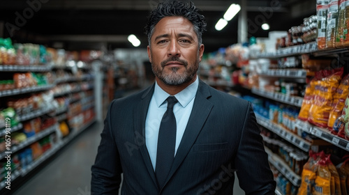 Confident Middle-Aged Man in Suit Standing in Grocery Store Aisle with Focused Expression