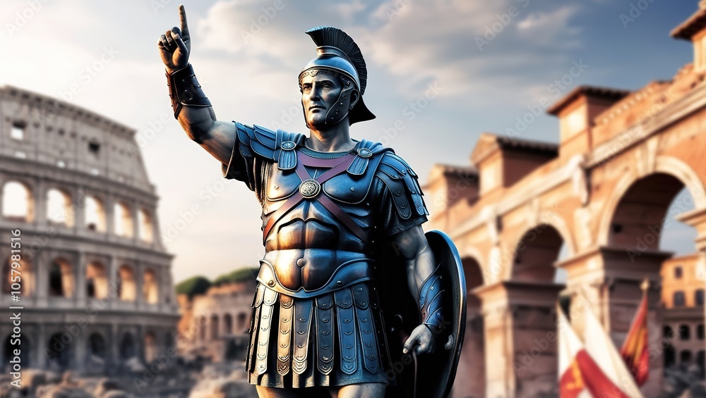A stoic statue of a Roman man stands proudly, one arm extended upward, pointing to the sky. The intricate details capture his strength and resolve, embodying the spirit of ancient Rome. stoicism. A stoic statue of a Roman man stands proudly, one arm extended upward, pointing to the sky. The intricate details capture his strength and resolve, embodying the spirit of ancient Rome. stoicism.
