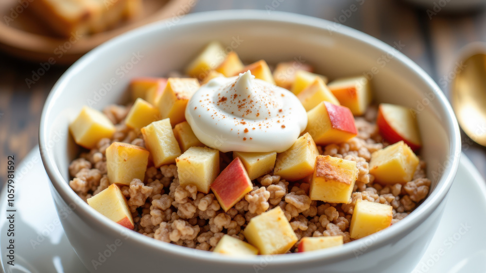 Delicious bowl of oatmeal with sliced apples and cinnamon. Delicious bowl of oatmeal with sliced apples and cinnamon.
