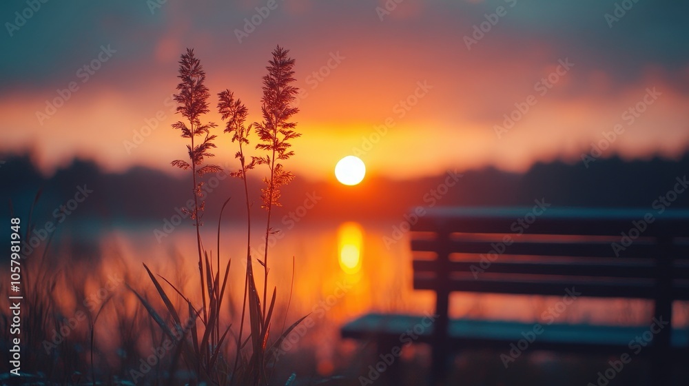 Fototapeta premium Scenic Sunset Lighting with Bench and Plants