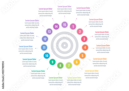 infographic template for annual report, magazine. infographic template for business, education, industry, science world. fifteen steps information template. colorful circles infographic template