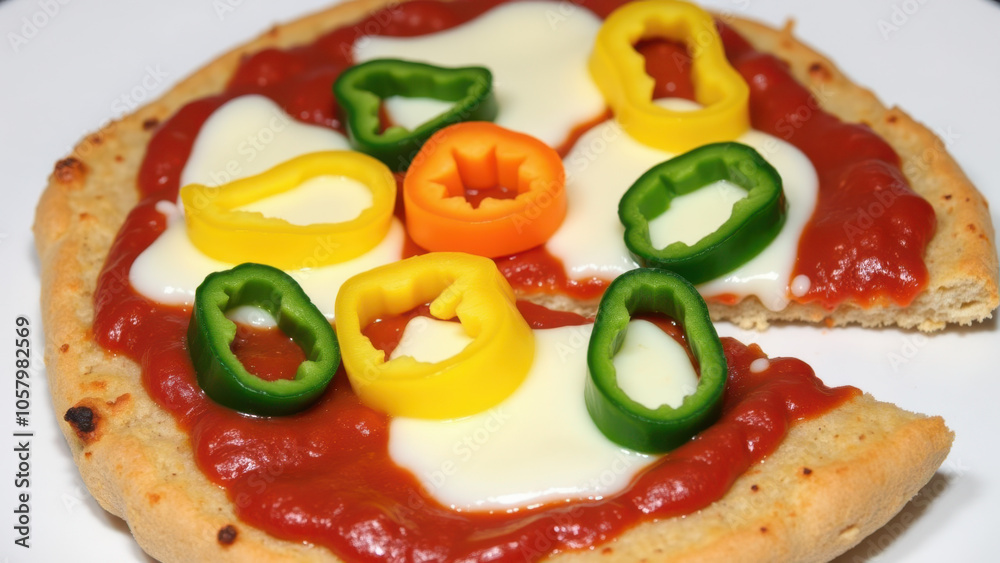 A pizza with tomato sauce, cheese, and colorful bell peppers. A pizza with tomato sauce, cheese, and colorful bell peppers.