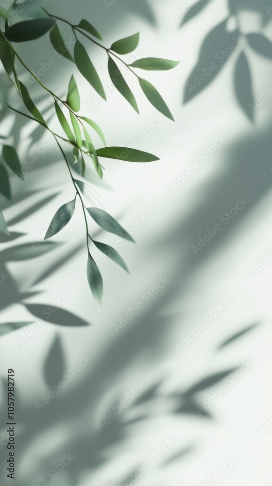 Serene Green Leaves Casting Shadows on Soft Background Serene Green Leaves Casting Shadows on Soft Background