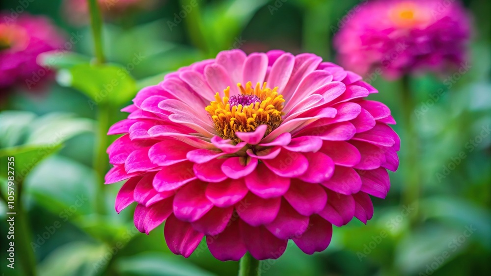 Medium shot of a pink zinnia attracting insects in a garden Medium shot of a pink zinnia attracting insects in a garden