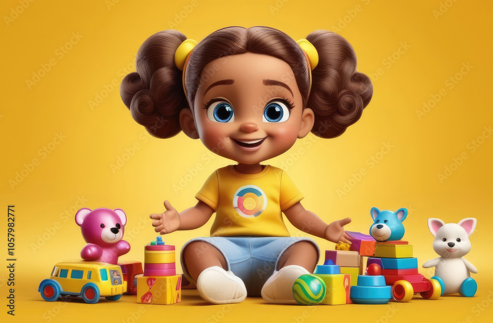 Obraz premium fun, exploration and playful moments of childhood: happy little girl playing with colorful toys on yellow background, cartoon illustration