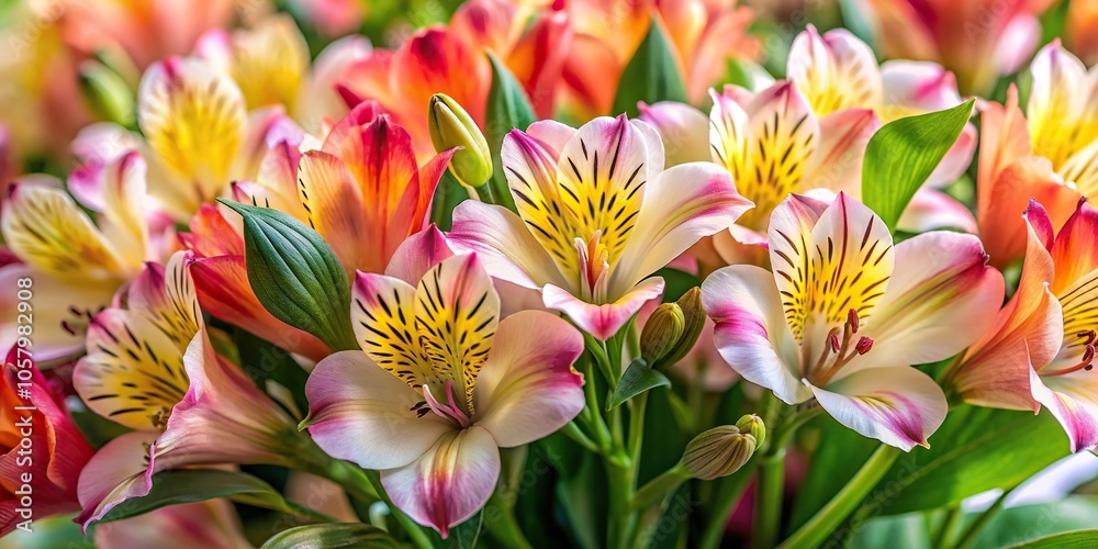 Medium shot of Alstroemeria flowers in closeup, full frame floral arrangement with garden background Medium shot of Alstroemeria flowers in closeup, full frame floral arrangement with garden background