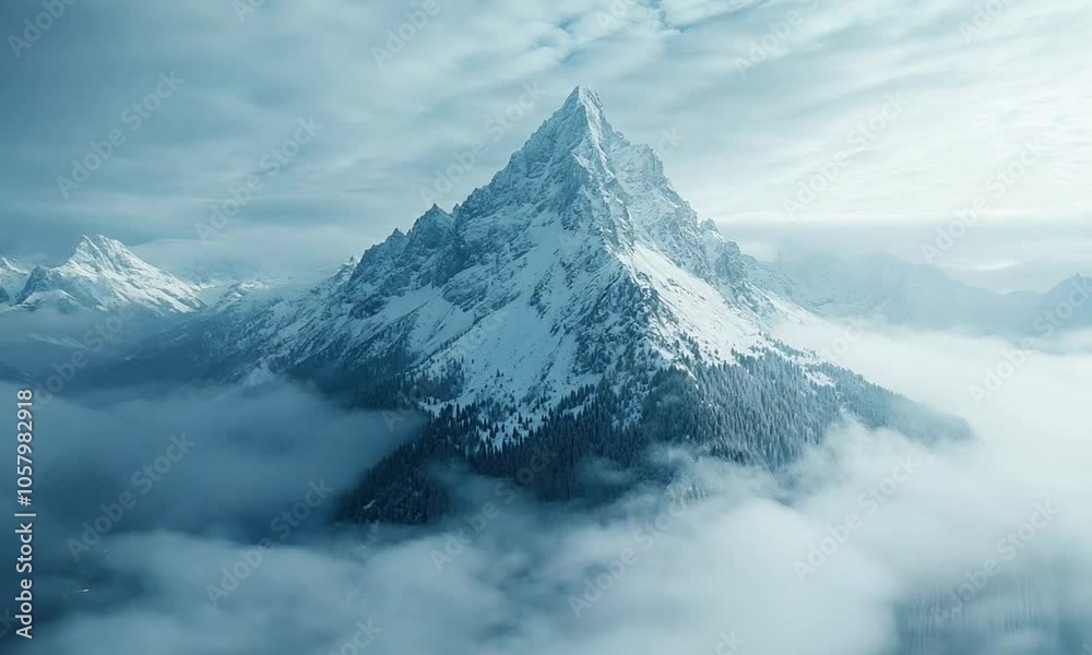 Majestic snow-capped mountain emerging from clouds. Majestic snow-capped mountain emerging from clouds.