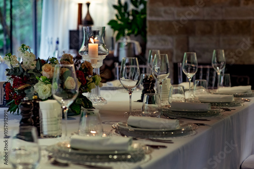 Beautiful table setting, for a holiday. with the dishes .flowers and candles