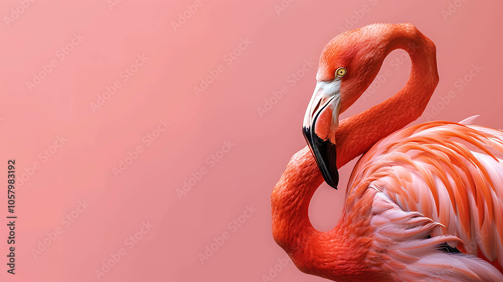 Fototapeta premium A beautiful flamingo with vibrant pink feathers stands out against a soft pink background.