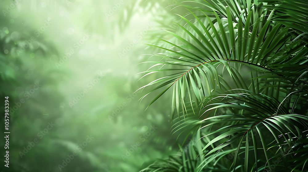 Lush green palm leaves against a blurred background. The leaves are detailed and realistic, and the blur creates a sense of depth and mystery. Lush green palm leaves against a blurred background. The leaves are detailed and realistic, and the blur creates a sense of depth and mystery.