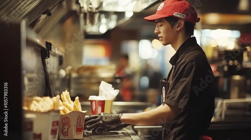 Fast Food Worker Preparing Orders in a Busy Kitchen