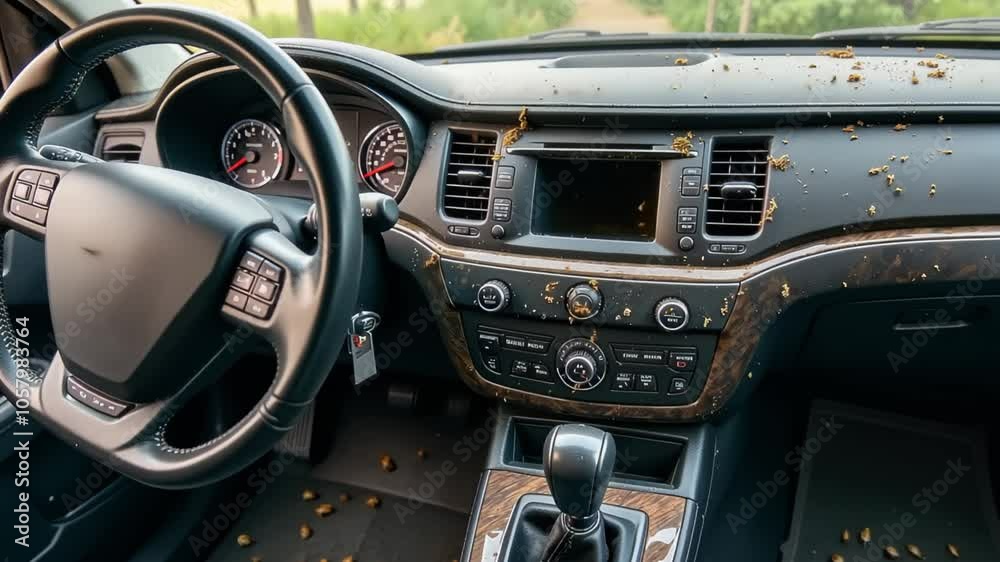 dirty old car interior , carpet on the footwell has trash, food waste dirty old car interior , carpet on the footwell has trash, food waste