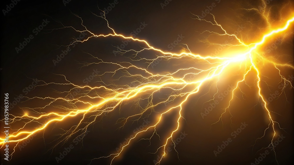 Medium shot of gold flash of lightning on dark background, symbolizing electric energy storm power and thunder Medium shot of gold flash of lightning on dark background, symbolizing electric energy storm power and thunder