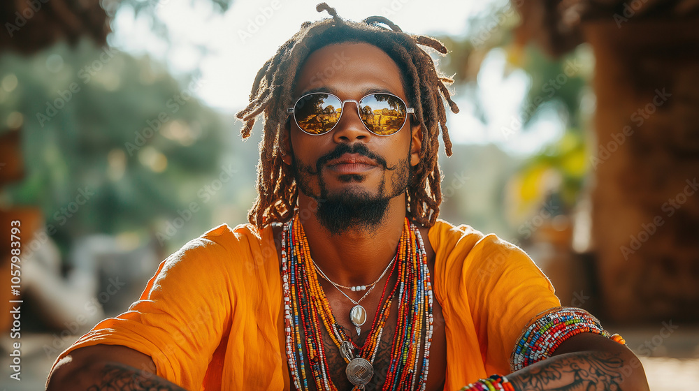 A man with dreadlocks and sunglasses is sitting in an orange shirt A man with dreadlocks and sunglasses is sitting in an orange shirt