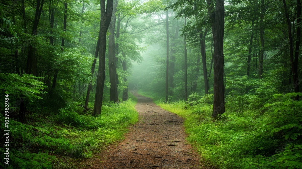 Serene Misty Forest Pathway Surrounded by Lush Greenery Serene Misty Forest Pathway Surrounded by Lush Greenery