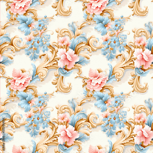 French Rococo ornaments, pastel colors, ornate, opulent mood, elaborate and decorative designs. Background, seamless pattern photo