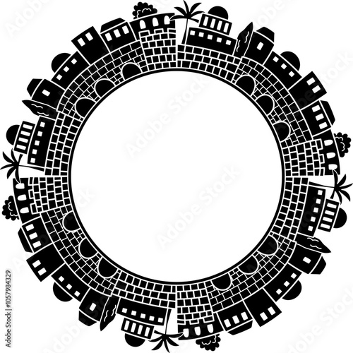 Round fortress cityscape panoramic frame. Black biblical city silhouette circle illustration. Isolated vector decoration with copy space.