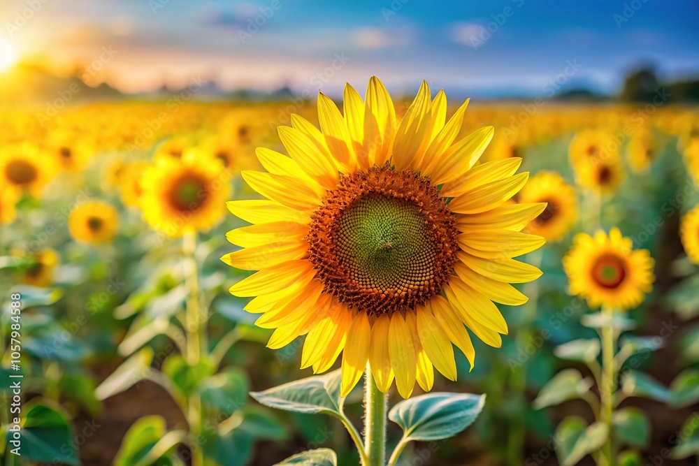 Medium shot of sunflower close-up with other sunflowers out of focus Medium shot of sunflower close-up with other sunflowers out of focus