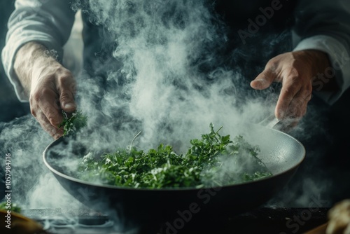 Chef holding a smoky platter of fresh herbs against a dark background during food preparation