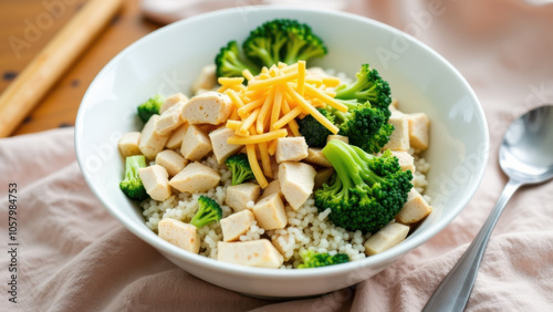 A bowl of creamy chicken and broccoli soup.