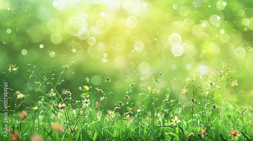 Green grass and yellow flowers in the morning sun with a blurred background. photo