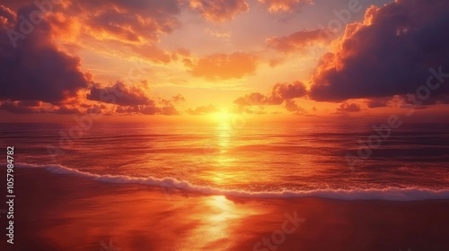 A stunning coastal sunset with fiery colors reflecting on the water, framing a peaceful beach scene.