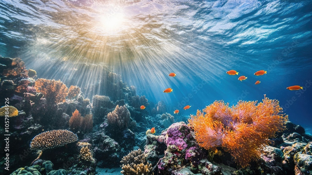 Obraz premium A stunning underwater scene featuring vibrant coral reefs, colorful fish, and sunlight streaming through the water.