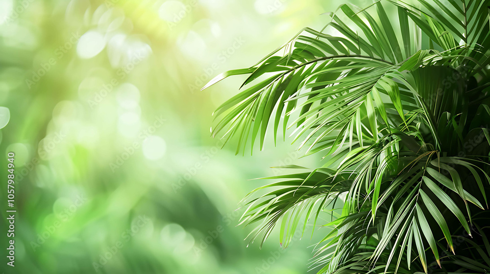 Obraz premium Lush green palm leaves against a blurred background.