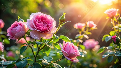 Medium shot pink roses flowers in garden exposed morning sunlight dew on leaf