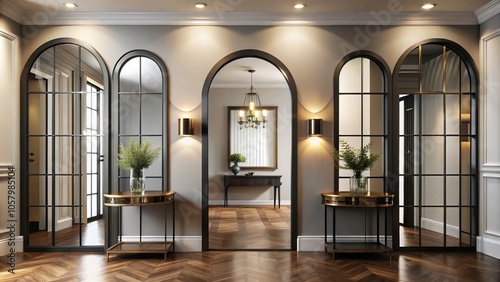 Medium Shot Stylish Entryway with Large Mirrors and Arches Handcrafted in Light Bronze and Black Featuring Nautical Charm photo