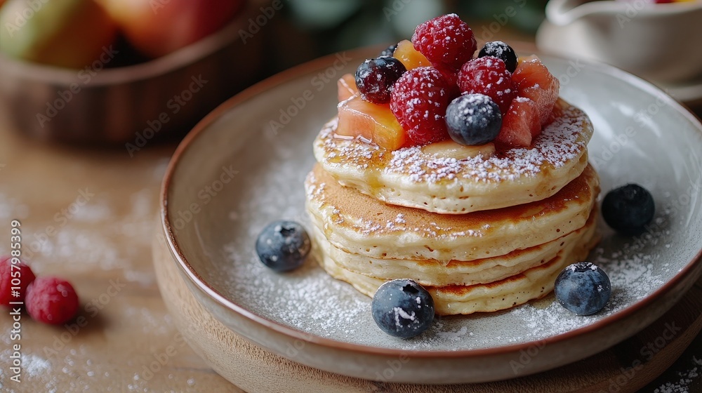 Freshly Made Pancakes with Berries and Fruit Topping Freshly Made Pancakes with Berries and Fruit Topping