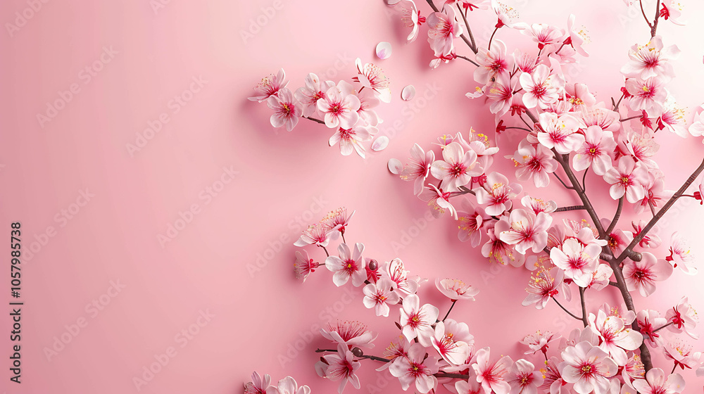 Obraz premium Delicate cherry blossom branches with pale pink flowers against a pink background. The image is soft, dreamy, and romantic.
