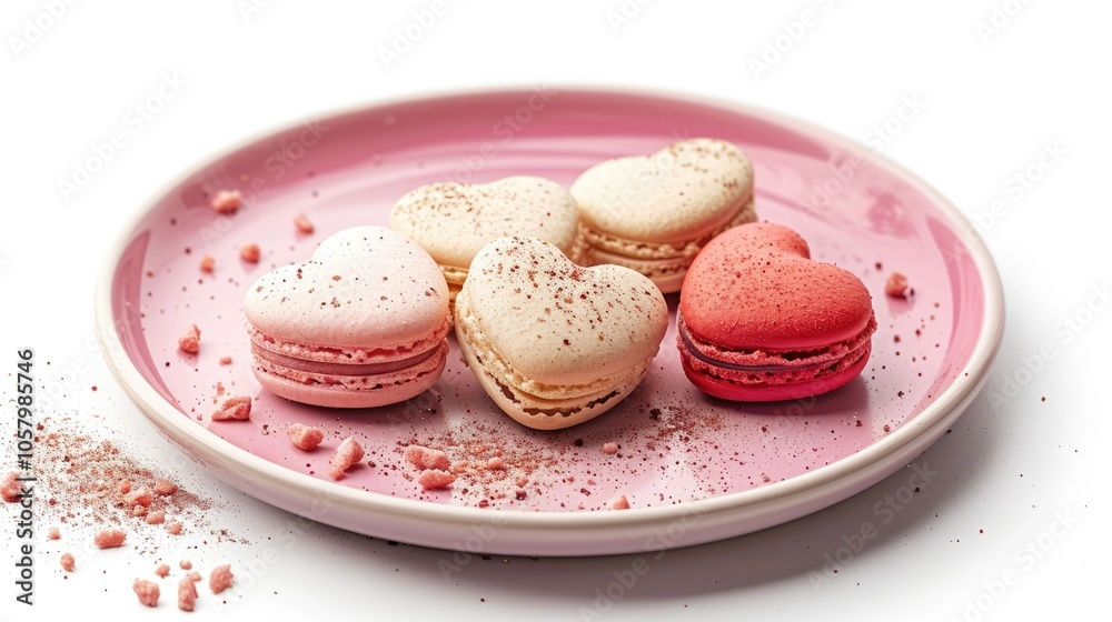 Φωτογραφία Colorful heart-shaped French macarons with crumbs on vintage pink plate, isolated on white background