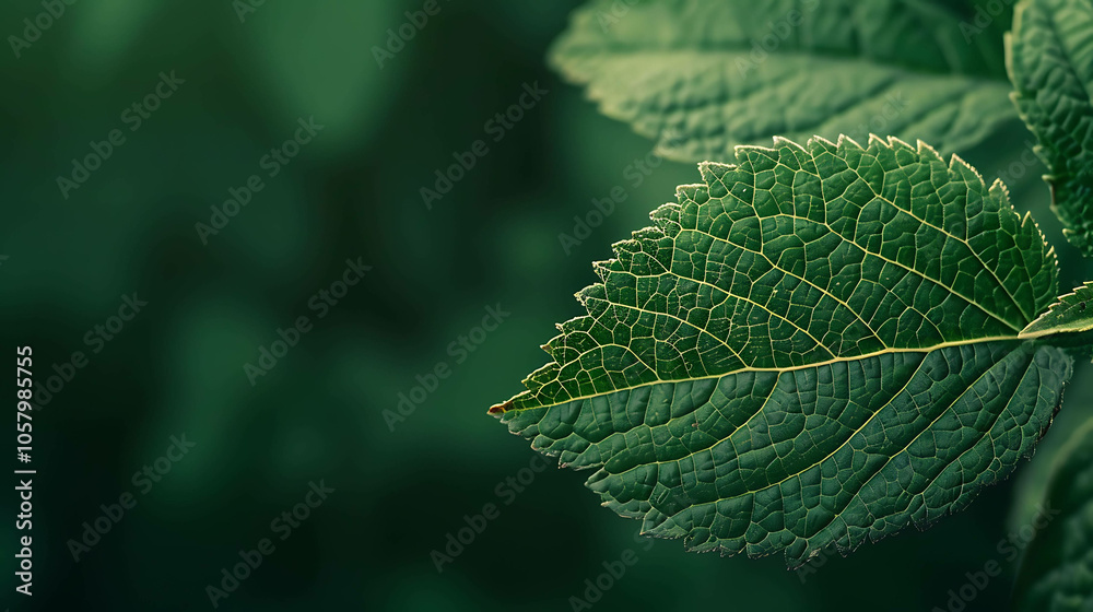 The image is a close-up of a single green leaf with a blurred background. The image is a close-up of a single green leaf with a blurred background.