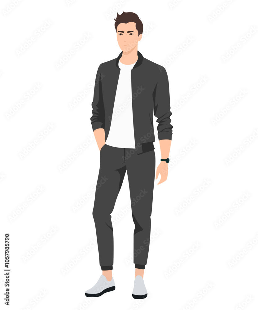Vector illustration. Young man restrained image in dark gray suit with white T-shirt, elegance and style in simplicity. Vector illustration. Young man restrained image in dark gray suit with white T-shirt, elegance and style in simplicity.