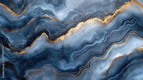 Abstract Blue and Gold Marble Texture with Fluid Waves and Metallic Accents