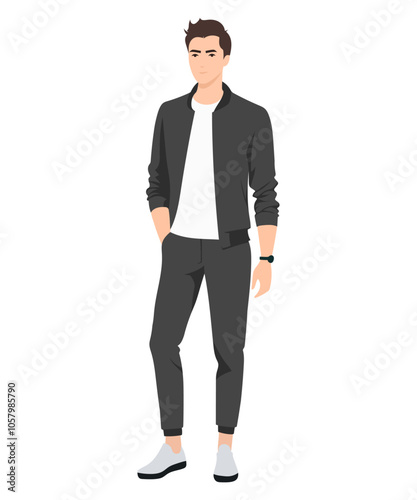 Vector illustration. Young man restrained image in dark gray suit with white T-shirt, elegance and style in simplicity.
