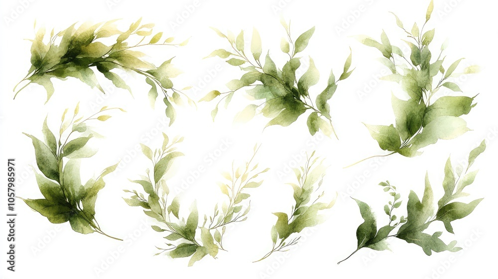 Obraz premium Watercolor Illustration Set of Green and Gold Leaf Branches for Wedding Stationery, Greeting Cards, Wallpapers, and Fashion Designs