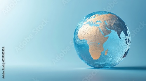  Stylized Transparent Globe Representing Global Connectivity with Focus on Africa Against Soft Blue Background