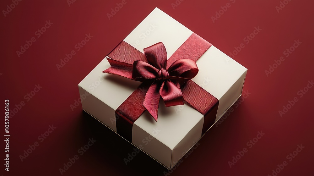 Elegant Gift Box with Red Ribbon Bow on Red Background - Perfect for Celebrations and Special Occasions Elegant Gift Box with Red Ribbon Bow on Red Background - Perfect for Celebrations and Special Occasions