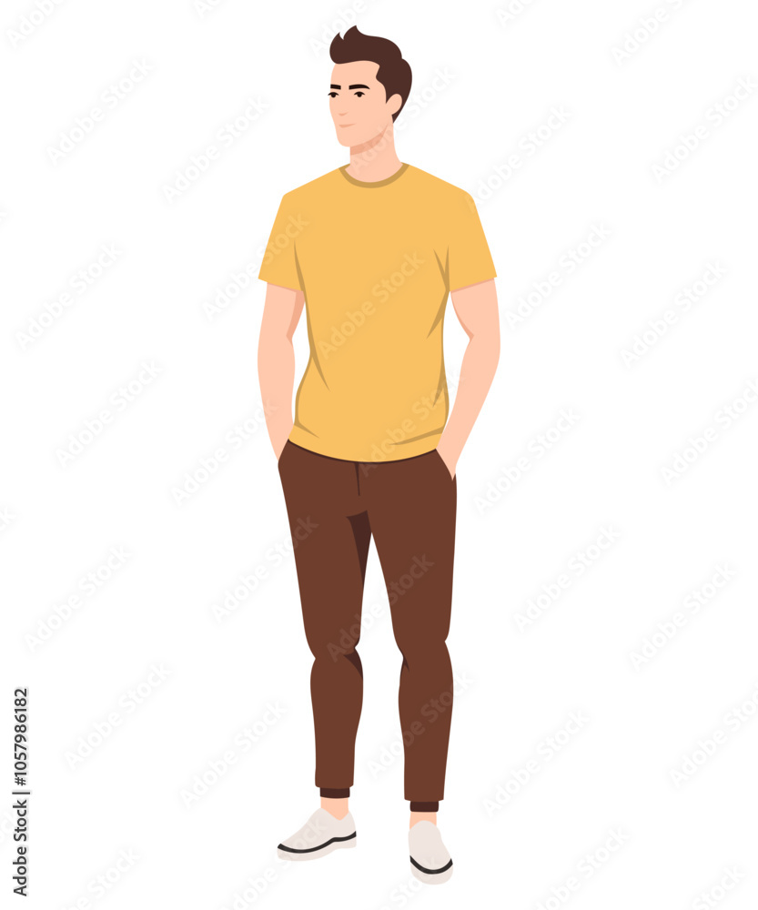 Vector illustration. Young man. Bright and stylish image with yellow T-shirt and brown trousers, suitable for summer days. Vector illustration. Young man. Bright and stylish image with yellow T-shirt and brown trousers, suitable for summer days.