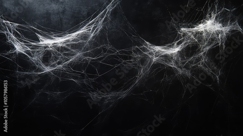 Thin and Long Spider Webs Hanging from Left and Right on Black Background