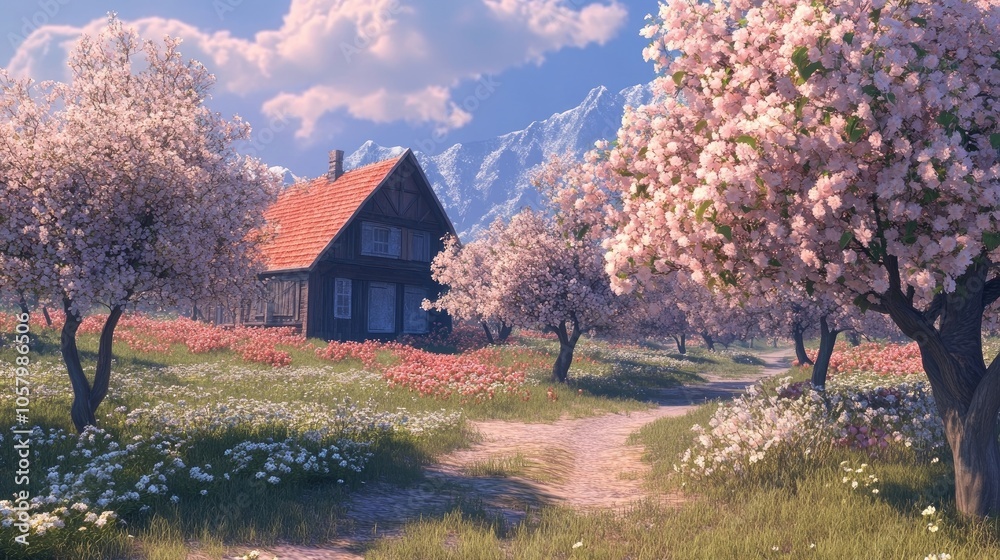 A picturesque orchard filled with fruit trees in bloom, inviting visitors to enjoy the fruits of the season. A picturesque orchard filled with fruit trees in bloom, inviting visitors to enjoy the fruits of the season.