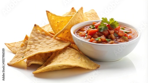 Mexican nacho chips with tomato salsa on white background