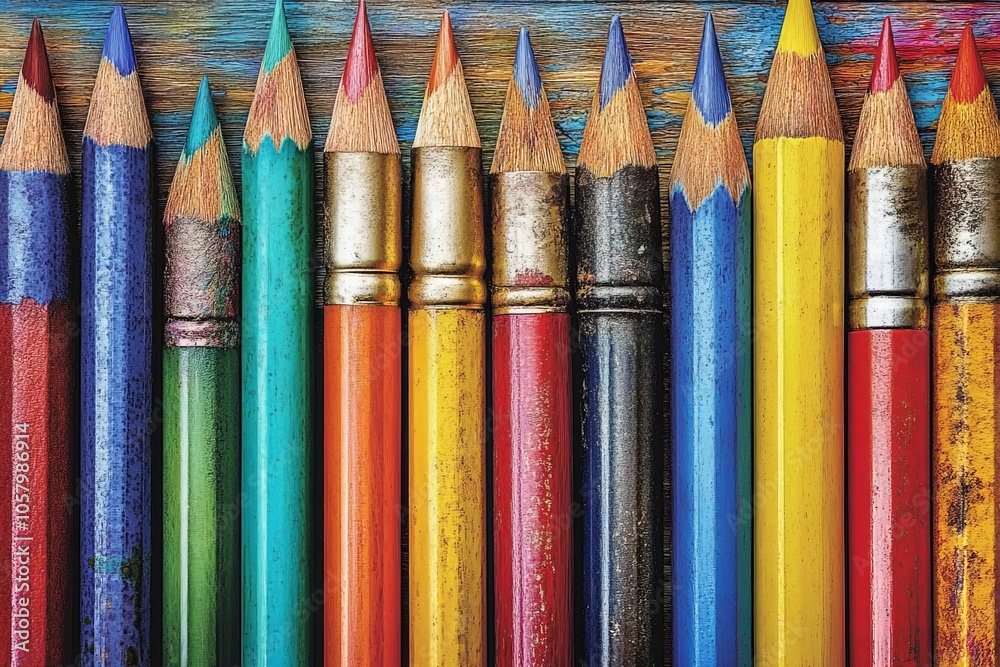 Multicolor pencils arranged in row on white background representing creativity artistic focus and vibrant expression in a minimalist composition Multicolor pencils arranged in row on white background representing creativity artistic focus and vibrant expression in a minimalist composition