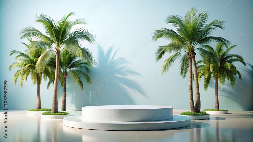 Minimal scene with round podium and palm trees in low angle view Minimal scene with round podium and palm trees in low angle view