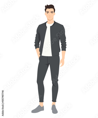 Vector illustration. Young man restrained image in dark gray suit with white T-shirt, elegance and style in simplicity.