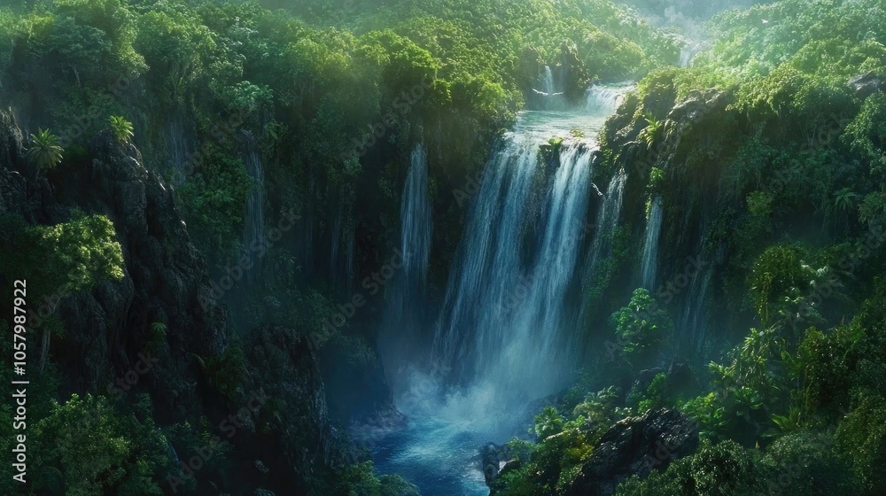 Majestic waterfall surrounded by lush rainforest Majestic waterfall surrounded by lush rainforest