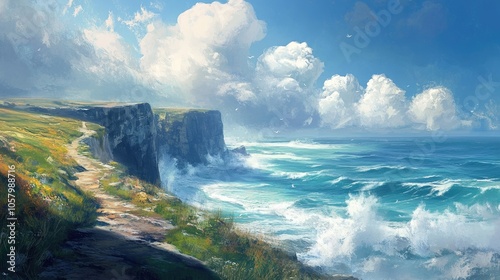 Scenic coastal path with dramatic cliffs and crashing waves